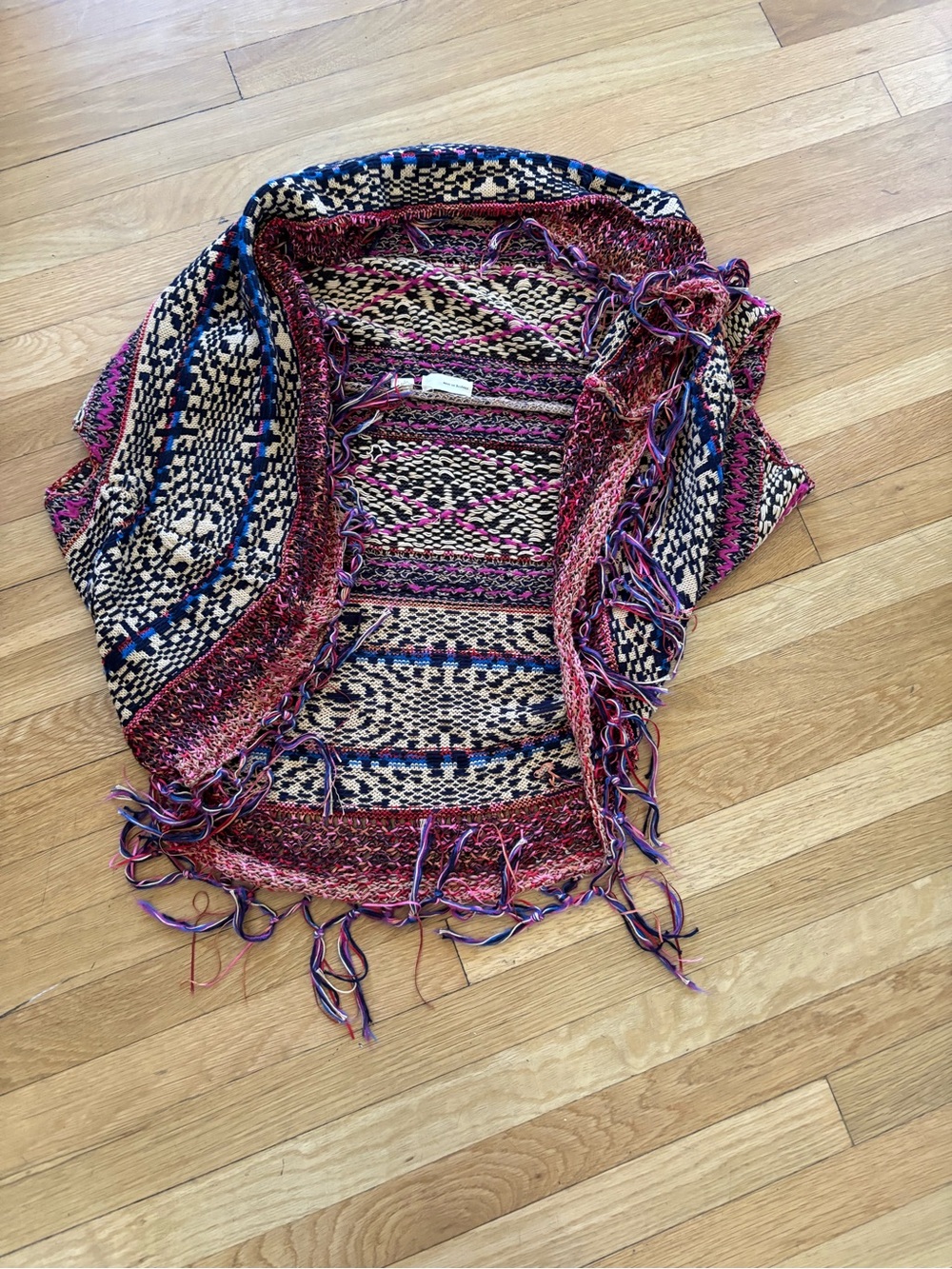 Boho Fringe Open-Front Sweater Poncho - Multicolor Pink & Blue
